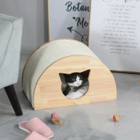 PawHut Wooden Cat House Kitten Condo with Cat-Shaped Entrance Sisal Scratching Carpet Soft Cushion, Natural(m-2)