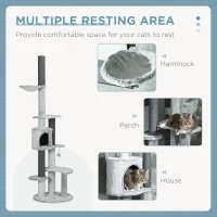 PawHut 89"-100" Floor to Ceiling Cat Tree w/ Hammock, Scratching Posts, Condo, Perches, Toy Ball, Anti-tip Kit, Grey(m-5)