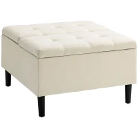 HOMCOM 30" Square Storage Ottoman, Upholstered Ottoman Coffee Table with Lift Top, Button Tufted and Wood Legs, Accent Footstool for Living Room, Cream White(m-1)