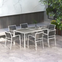 Outsunny 7 Pieces Outdoor Dining Set with 6 Stackable Chairs, Patio Table and Chairs with Plastic Top, Breathable Mesh Seat Back(m-1)