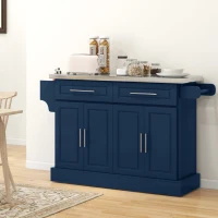 HOMCOM Rolling Kitchen Island with Stainless Steel Top, 2 Drawers, Spice, Knife and Towel Rack and Cabinets, Navy Blue(m-10)
