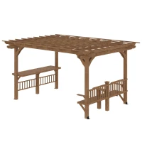 Outsunny 14' x 10' Outdoor Pergola, Wooden Gazebo Grill Canopy with Bar Counters and Seating Benches, for Garden, Patio, Backyard, Deck(m-11)
