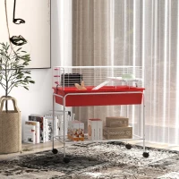 PawHut Two-Story Small Animal Cage Removable from Stand, Pet Habitat with Shelf & Wheels, 33" x 18.5" x 35", Red(m-10)