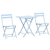 Outsunny 3 Pieces Garden Bistro Coffee Set Foldable Patio Chair & Square Table for Outdoor Yard Porch Poolside Balcony Blue(m-2)