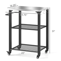 Outsunny 3-Shelf Outdoor Grill Cart with Stainless Steel Tabletop, Movable Pizza Oven Table with Hooks, Side Handle, Wheels(m-3)