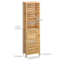 kleankin Tall Bathroom Storage Cabinet with 3 Open Shelves, Slim Bamboo Linen Tower Freestanding Linen Towel with Slatted Door, Natural(m-3)