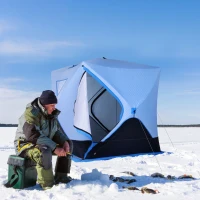 Outsunny 4 Person Ice Fishing Shelter, Pop-up Ice Fishing Tent, Ice Shanty, Portable and Insulated, with 2 Doors and Carrying Bag, Light Blue(m-2)