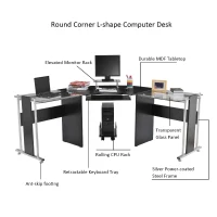 HOMCOM 69" Modern L-Shaped Tempered Glass Office Computer Desk with Elevated Monitor Stand, Rolling CPU Holder, Pull Out Keyboard Tray and Steel Frame, Black(m-4)