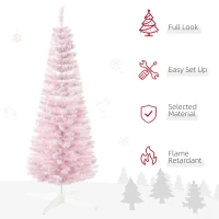 HOMCOM 5' Decorated Christmas Tree Snow Flocked Artificial Christmas Tree with Pencil Shape, Realistic Branches, Pink(m-4)