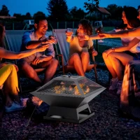 Outsunny Wood Burning Portable Fire Pit, Outdoor Firepit with Cooking BBQ Grill, Spark Screen, Poker for Backyard, Black(m-8)