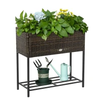 Outsunny Rattan Raised Garden Boxes, Elevated Flower Beds with Storage Shelf for Herbs, Flowers, Vegetables, Brown(m-11)