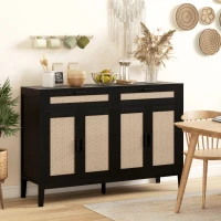 HOMCOM Kitchen Sideboard Cabinet, Boho Entryway Cabinet with Decorative Rattan Doors and Drawers for Dining Room, Black(m-10)