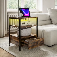 HOMCOM Set of 2 Side Tables with Charging Stations and LED Lights, End Tables with Drawer and Shelves for Living Room, Brown(m-8)