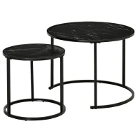 HOMCOM Round Nesting Coffee Table Set of 2, Stacking Modern Accent Tables with Faux Marble Tabletop and Metal Frame for Living Room, Black(m-14)