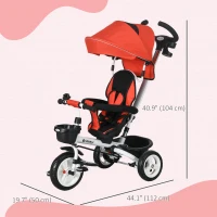 Qaba 6 in 1 Toddler Tricycle with Parent Push Handle, Canopy, Storage Baskets, Cupholder, Red(m-3)