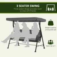 Outsunny 3-Seat Patio Swing Chair, Outdoor Swing Glider with Adjustable Canopy, Removable Thicken Cushion, and Weather Resistant Steel Frame, for Garden, Poolside, Backyard, Gray(m-6)