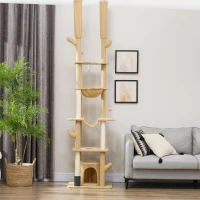 PawHut 89"-100" Floor to Ceiling Cat Tree Cat Tower for Large Cats w/ Scratching Posts, Grooming Brush Post, Cat Condo, Brown(m-8)