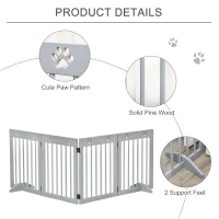 PawHut Freestanding Pet Gate 4 Panel Wooden Dog Barrier Folding Safety Fence with Support Feet for Doorway Stairs Light Grey(m-6)