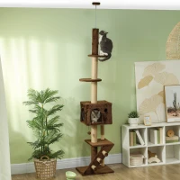 PawHut 89"-100" Floor to Ceiling Cat Tree with Cat Condo, Scratching Posts, 3-Steps, Perches, Hanging Ball & Anti-Tip Kit Brown(m-2)