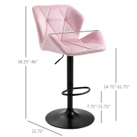 HOMCOM Velvet-Touch Bar Stool Set of 2 Fabric Adjustable Height Armless Counter Chairs with Swivel Seat, Pink(m-3)