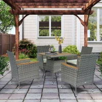 Outsunny 5 Piece Rattan Patio Dining Set with Umbrella Hole, Cushions, Outdoor Patio Table and Chairs for Garden Backyard, Teak(m-8)