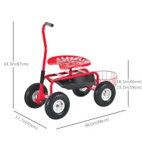 Outsunny Garden Scooter, Rolling Cart with Swivel and Adjustable Seat, Tool Tray, Bucket Basket, Red and Black(m-3)