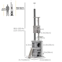 PawHut 89"-100" Floor to Ceiling Cat Tree 6-Tier Cat Climbing Tower Adjustable High with Scratching Post Board, Ramp, Cat Condo, Perch, Toy Ball, for Indoor Cat, Light Grey(m-3)