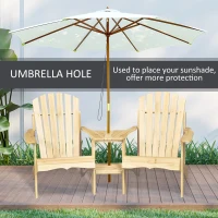 Outsunny Fire Pit Seating, 2 Wooden Adirondack Chairs with Outdoor Table & Umbrella Hole, Wood 2 Person Adirondack Bench, Natural(m-4)