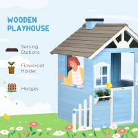 Outsunny Wooden Playhouse for Kids Outdoor with Flower Pot Holders, Door, Windows, Service Stations for 3-7 Years, Blue(m-4)