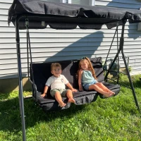 Outsunny Metal 3-Seater Porch Swing with Stand Outdoor Patio Swing with Canopy Cushioned Garden Lounger Black(m-10)