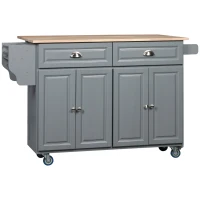 HOMCOM Rolling Kitchen Island on Wheels Utility Cart with Drop-Leaf and Rubber Wood Countertop, Storage Drawers, Door Cabinets, Grey(m-2)
