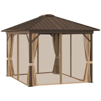 Outsunny 10' x 12' Hardtop Gazebo with Curtains and Netting, Permanent Pavilion Metal Single Roof Gazebo Canopy with Aluminum Frame and Hooks, for Garden, Patio, Backyard, Brown(m-8)