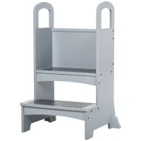 Qaba Toddler Tower Kitchen Helper for Children with 2 Non-Slip Steps and Support Handles - Grey(m-11)