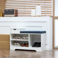HOMCOM Shoe Bench with Storage, Modern Upholstered Entryway Bench with Open Shelves and Drawer for Living Room, Hallway, White(m-8)