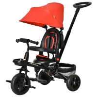 Qaba Tricycle for Toddler 4 in 1 Kids Trike with Reversible Adjustable Seat, Baby Push Bike with Removable Handle, Canopy, Belt Storage Brake Clutch for 1-5 Years, Red(m-11)