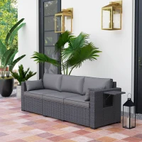 Outsunny 3 Seater Wicker Patio Sofa with Side Trays, Outdoor Couch with 6" Thick Back Cushions, Deep Seating, Grey(m-1)
