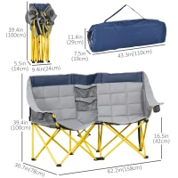 Outsunny 62" W Double Seat Camping Chair Folding Lawn Loveseat w/ Storage Pocket & Cup Holder Compact in a Bag for Outdoor, Beach, Picnic, Hiking, Travel, Navy Blue(m-3)
