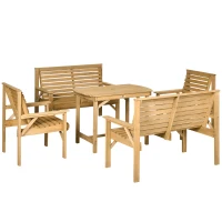 Outsunny 5 Piece Wooden Patio Dining Set for 6, Outdoor Conversation Set with 2 Armchairs, 2 Loveseats, and Dining Table with Umbrella Hole for Backyard, Garden, Light Brown(m-11)