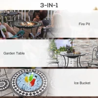 Outsunny 30" Outdoor Fire Pit Dining Table, 3-in-1 Round Wood Burning Fire Pit Bowl, Patio Ice Bucket with Storage Shelf, Spark Screen Cover for BBQ, Bonfire, Camping, Mosaic(m-4)