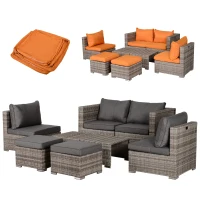 Outsunny 8 Pieces Patio Furniture Set, Outdoor Wicker Rattan Sofa Set Yard Conversation Seat Tea Table and Footstool Garden Patio Furniture w/ 2 Set Cushion Cover Grey & Orange(m-2)