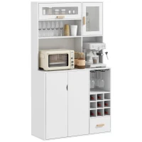 HOMCOM Coffee Bar Cabinet, Kitchen Hutch with Wine Storage, Microwave Countertop, Drawer and Tempered Glass Doors, White(m-11)