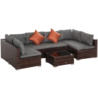Outsunny 4-Piece Patio Furniture Sets Outdoor Wicker Conversation Set PE Rattan Sectional sofa set with Tempered Glass Coffee Table and Cushions for Backyard and Garden, Brown(m-1)