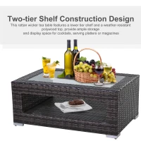 Outsunny 2-Tier Rattan Patio Coffee Table Outdoor Side Table PE Wicker Patio Garden Tea End Desk with Tempered Glass Top & Storage for Balcony, Backyard, Poolside(m-5)