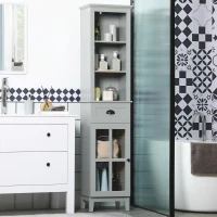 kleankin Slim Bathroom Storage Cabinet Door & Shelves Linen Tower, Gray(m-10)