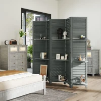 HOMCOM 5 Panel 67" Tall Wood Privacy Screen Room Divider with 3 Shelves and Folding Storage for Bedroom, Gray(m-10)