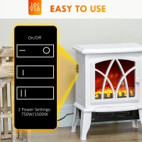 HOMCOM Electric Fireplace Heater, Freestanding Fireplace Stove with Realistic Flames Overheating Protection 750W/1500W, White(m-5)