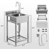 HOMCOM Stainless Steel Outdoor Utility Sink with Cold and Hot Water Pipe and Storage Shelf for Laundry Garage, 22"(m-3)