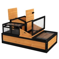 PawHut 3-Room Tortoise House Habitat with Balcony & 2 Stories, Indoor/Outdoor Wooden Tortoise Enclosure with Ladder, Tray, Openable Roof, Large Reptile Cage, 44" x 25.5" x 23", Yellow(m-9)