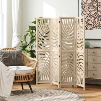 HOMCOM 4 Panel Room Divider, Detachable Folding Privacy Screens with Palm Leaf Design for Home Office, Natural Wood Finish(m-1)