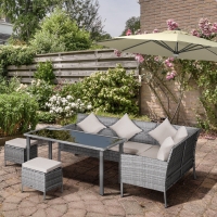 Outsunny 5 Pieces Wicker Patio Conversation Dining Furniture Set with Cushions, Table and Ottomans, Cream White